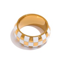 Enamel Checkered Round Ring 316L Stainless Steel Metal Charm Finger Ring for Wom - £11.18 GBP