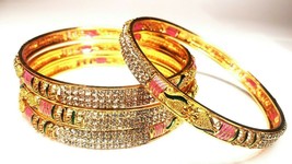 Stunning 18K Gold Plated White Crystal Bangle Bracelet Green and Pink Accents - £11.60 GBP