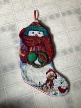 Christmas Stocking Snowman Holding Wreath Needlepoint Wool Felt Backed - $25.06