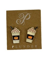 Pumpkin Latte Pierced Stud Earrings Coffee Fall Autumn Enamel Rhinestones - $11.88