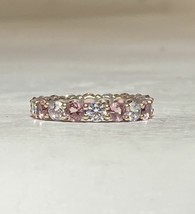 Eternity band pink clear CZ crystal stacker ring sterling silver women size 6.75 - £27.86 GBP