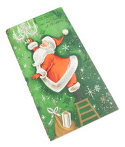 Vintage Santa Claus Glitter Greeting Card Daughter Ladder Reaching Chand... - $6.95