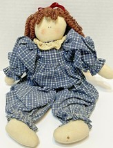 Vintage Handmade Folk Art Fabric Doll Blue and White Outfit Brown Hair 12 Inches - £15.74 GBP