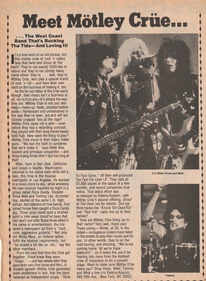 Motley Crue teen magazine pinup clipping 80s teen idols Teen Beat - $1.50