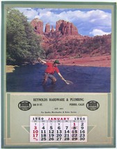 Vtg 1960 Local Hardware Association Wall Calendar Man River Fishing 13x10.5 - £9.44 GBP