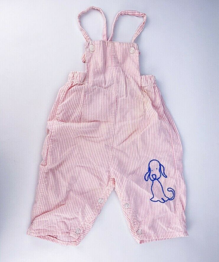 Vintage Seersucker Pink White Stripe Dog Puppy Embroidered Overalls 12 18M - $18.33