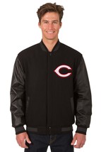MLB Cincinnati Reds Wool Leather Reversible Jacket Front Patch Logos Black JHD - £173.05 GBP