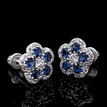 1.75Ct Round Cut Blue Sapphire &amp; Diamond Flower Earrings 14k White Gold Finish - £63.51 GBP