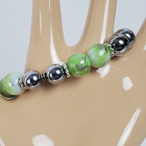 Vintage Stretchy Statement Beaded Bracelet Green &amp; Silver Tone - $8.60