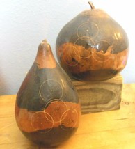 Vintage Set of 2 Hand Carved and Stained Natural Gourds Tallest 8&quot; - $28.71