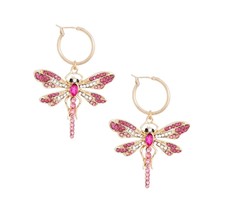 Women Pink Rhinestone Dragonfly Charm Baby Hoop Gold Plated Fashion Earrings - £34.36 GBP