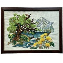 Vtg 1970&#39;s Needle Point Mountain Lake Embroidered Art Framed Summer Oak 14 x 18 - £74.73 GBP