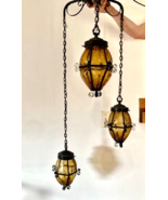 Vintage AMBER Glass &amp; Iron Hanging Swag Lamp Retro 3 Globes  MCM Spanish... - €386,98 EUR