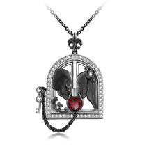 Skull Necklace With Lilies And Garnet Heart Love Door Engagement Pendent  - £154.26 GBP