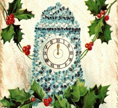 c1910 Merry Xmas Christmas Embossed Postcard Happy New Year Holly Clock Flowers - £7.77 GBP