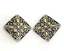 VTG Gold Silver Two Tone Black Enamel Kawung Style Motif Square Clip On ... - £10.51 GBP