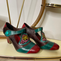 10 US Y2K 1940s Style Multicolor Leather Sandals Floral Block Heels 1940s 1950s - £121.47 GBP