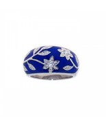 Sterling Silver 925 Rhodium Plated Blue Enamel CZ Flower Ring Size 8 - $58.95