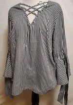 Tempted Black White Check Top 3/4 Bell Tie Sleeve Criss Cross Vneck Shir... - $12.95