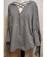 Tempted Black White Check Top 3/4 Bell Tie Sleeve Criss Cross Vneck Shir... - $238.64 MXN