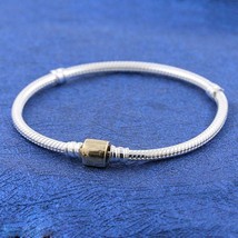  Two Tone 925 Silver Moments 14K Gold plated Barrel Clasp Snake Chain Bracelet - £23.16 GBP+