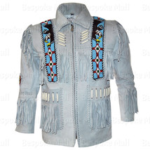 New Men&#39;s American Western Handmade White Suede Leather Jacket Fringes Beads-525 - £175.63 GBP