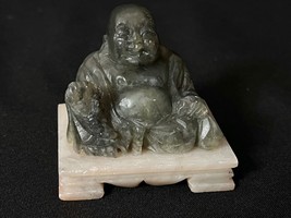 Vintage Miniature Chinese Hand Carved Green Jade on White Soapstone Base - £19.59 GBP