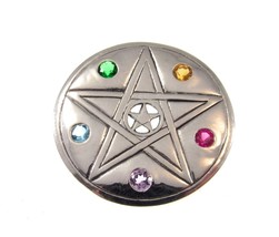 Solid 925 Sterling Silver Elemental Pentacle Disc Pendant With Colored Crystals - £46.43 GBP