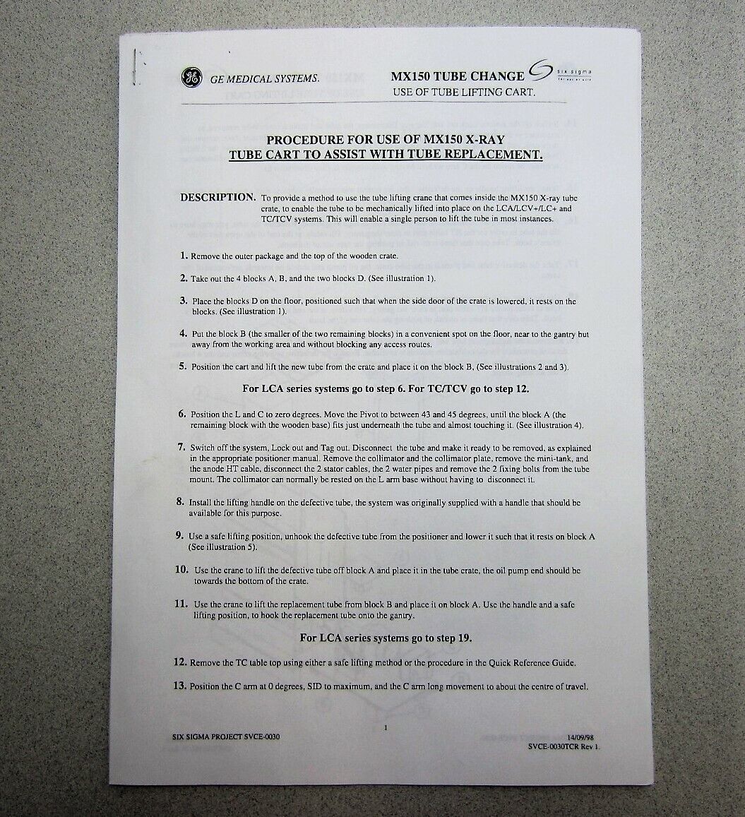 GE Medical SVCE-0030TCR Rev 2 MX150 Tube Change Procedures - $14.82