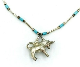 Vintage Sterling Silver Turquoise Beaded Taurus Bull Pendant Necklace 18&quot; - £44.31 GBP