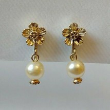 Floral Pearl Drop Earrings Gold Tone Rhinestones Clip On - £14.83 GBP