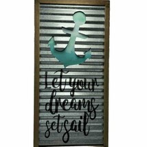 Let Your Dreams Set Sail Beach Nautical Washboard Sign Framed 18&quot; x 9&quot; Anchor - £7.76 GBP