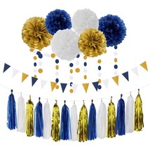 Navy Blue White Gold Party Decoration 23Pcs Kits-Paper Flowers,Banner Flags,Circ - £27.17 GBP