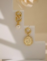 18k Gold Money &amp; Pearl Curb Stud Earrings - bold, sleek, designer, versa... - $48.54