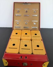 Vintage Red Metal Tudor Home Budget Bank Box 6 Tins &amp; OEM Inserts No Key - £31.85 GBP