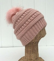 Pink Knit Crochet Beanie Winter Ski Hat With Faux Fur Pom Pom &amp; Plush Li... - £8.86 GBP