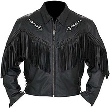 Bestzo  Mens Western Arrow Design Jacket with Fringes Cow Leather Black S - £129.79 GBP
