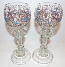 Vintage Pair Fritz Heckert Art Glass Face Blue Bird Enamel 7 1/4&quot; Wine Glasses - $346.49