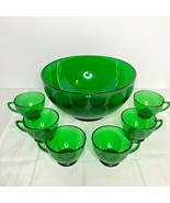Vintage Anchor Hocking Anchorglass Forest Green Punch Bowl and 6 Cup Set EUC - $77.96
