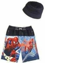 Boys Swim Trunks Shorts &amp; Sun Hat Marvel Spiderman 2 Pc Set Toddler-sz 12 months - £7.76 GBP