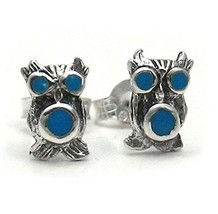 Sterling Silver Owl and Stone Inlay Stud Post Earrings, Turquoise - £8.83 GBP