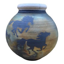 Vintage Ben Diller Raku Pottery Vase Pot Wild Horses Signed by Artist 7.5&quot; - £39.07 GBP