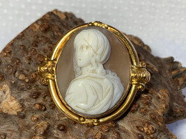 Antique 18K Yellow Gold Cameo Brooch 6.58g Fine Jewelry Pin Lady Silhouette - £423.53 GBP