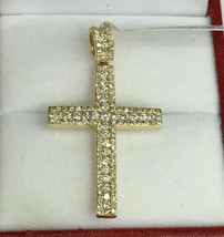 Real Moissanite 2.00Ct Round Cut Cross Pendant 14K Yellow Gold Plated Free Chain - £161.80 GBP
