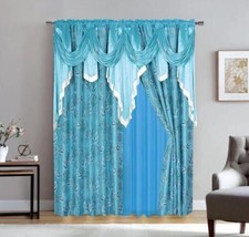 Sara Flowers Blue Curtains Windows Panels With Attached Valance 2 Pcs Set - £39.46 GBP