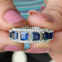 6Ct Asscher Cut Sapphire Cluster Wedding Band Ring 14K White Gold Finish - £108.24 GBP