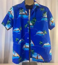 Rai Nani Vintage Hawaiian Shirt Medium Small Palm Trees Sail Boats Island Scenes - £20.23 GBP