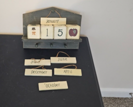 Vintage Wood Block Wall Perpetual Calendar with Shelf and Hooks - $24.75