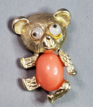 Teddy Bear Pin Googly Eyes Jelly Belly Coral Cabochon Stone Goldtone Vin... - $14.80