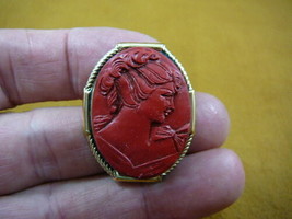 (cred-55) Woman with hair up with curls RED oval lady CAMEO brass Pin Pendant - £23.52 GBP